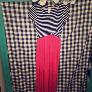 Navy, White, and Coral Floor Length Dress